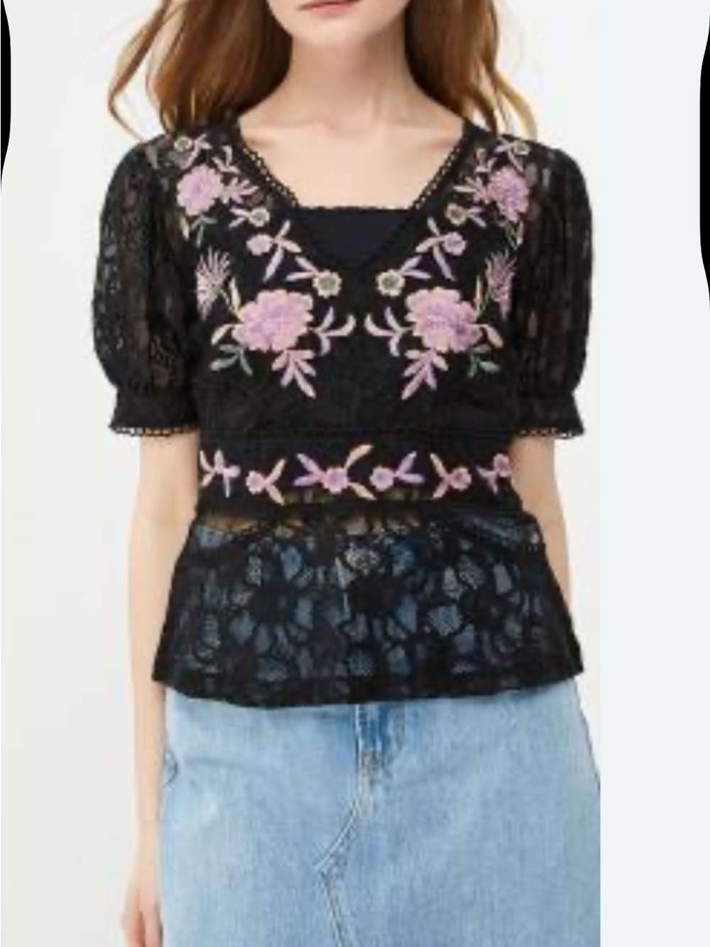 Topshop Black Lace Blouse with Pink Floral Embroidery